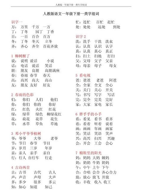 人教版一年级下册生字组词解析